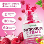 Potassium Citrate Gummies 1200mg, Sugar-Free Potassium Supplement for Adults Women & Men, Supports Leg Cramps & Muscle & Heart Health, Vegan, Gluten Free - Raspberry Flavor (60 Count)