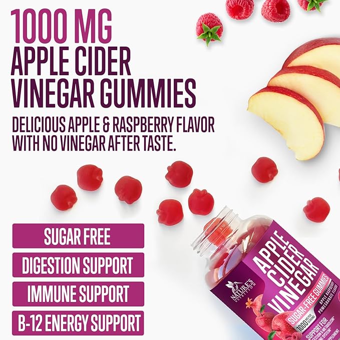Apple Cider Vinegar Gummies 1000mg per Serving - Sugar Free Max Strength ACV Gummy Vitamins Supplement, Advanced Formula, Vitamin B12 Supports Metabolism & Energy, Keto Friendly, Vegan, 60 Gummies
