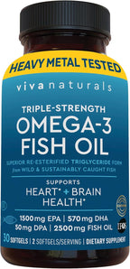 Viva Naturals Omega-3 Fish Oil, Triple Strength, 2500 mg, 30 Softgels – Re-Esterified Omega 3 Fatty Acids Including EPA, DHA, DPA - Pascatarian-Friendly