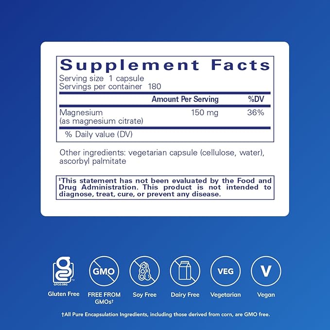 Pure Encapsulations Magnesium (Citrate) - Supplement for Sleep, Heart Health, Cognitive Health, Bone Health, Energy, Muscles, and Metabolism* - with Premium Magnesium - 180 Capsules