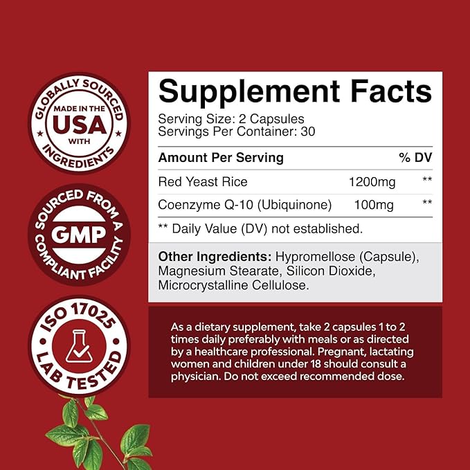 Red Yeast Rice with CoQ10 Supplement - Advanced Healthy Heart & Healthy Cholesterol Levels Formula for Men & Women - Red Yeast Rice Capsules with 1200mg per Serving and CoQ10-60 Count