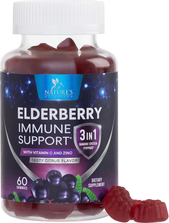 Elderberry Gummies - Black Elderberry Extract Immune Support Gummy with Vitamin C, D3 and Zinc - Sambucus Immune Health Support Supplement for Kids & Adults, Black Elder Berry Vitamins - 60 Gummies