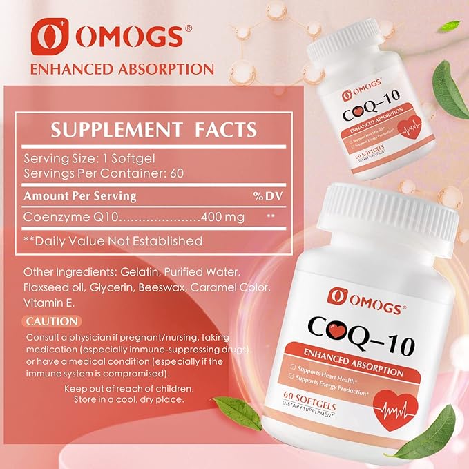 OMOGS CoQ10 400mg Softgels, Coenzyme Q10 High Absorption Supplements Support Heart Health, Cardiovascular Health, Immune System & Cellular Energy Production, Gluten Free, 60 Softgels