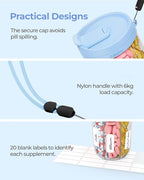 AMOOS Large Pill Dispenser with 6 Compartments, Anti-Mix Pill Bottle Organizer with Wide Opening & Easy Retrieval, Vitamin Organizer for Travel, BPA-Free Pill Box with a Strap, Blue