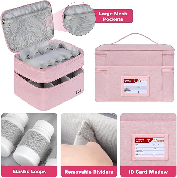 Medicine Storage Bag,Double Layers Pill Bottle Organizer Bag Empty with Lockable Zipper&Adjustable Divider,Medication Travel Carrying Bag for Pills,Vitamins,Medical Supplies,Pink