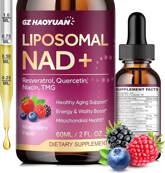 Liposomal NAD Supplement - 1200mg NAD+ Liquid Drops for Women & Men with Nicotinamide, Resveratrol, Quercetin, TMG, Black Pepper Extract - Brain & Cellular Mitochondrial Health, Anti-Aging, Longevity