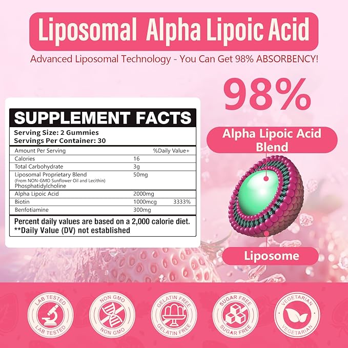 3 Pack Liposomal Alpha Lipoic Acid Gummies 2000mg Gummies,High Potency ALA Complex Biotin & Benfotiamine for Antioxidant, Brain Health and Nerve* Support,Liposomal Enhance 98% Absorption