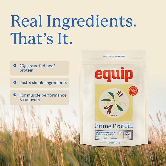 Equip Foods Prime Protein Powder | Clean, Grass Fed Beef Protein Powder | Carnivore Protein Isolate | Paleo, Keto Friendly | Gluten & Dairy Free | Helps Build & Repair Tissue | 30 Servings, Vanilla