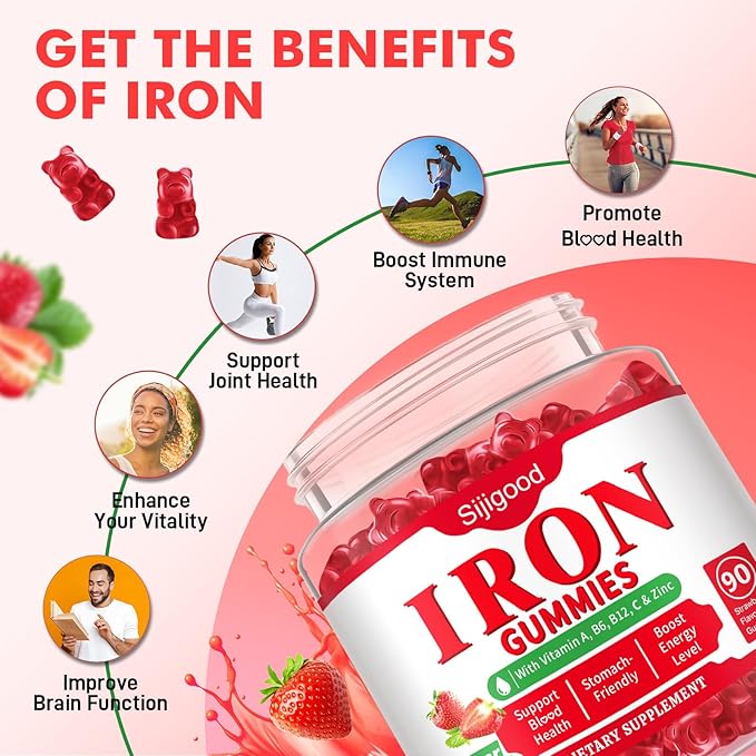 90 Count | Iron Supplement for Women, Men & Kids, Iron Gummies for Iron Deficiency & Anemia with Vitamin C B6 B12,Folate-Iron Supplement Support Bl♡♡d Oxygen & Energy Boost, Vegan,Non-GMO &Gluten Free