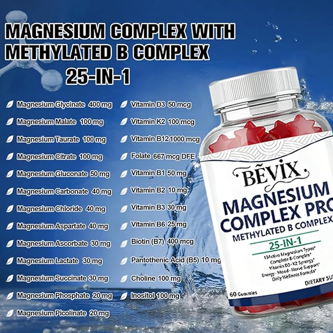 Magnesium Complex Gummies with Methylated B Complex Magnesium Glycinate Citrate Malate Taurate Gluconate Aspartate Carbonate D3 K2, Magnesium for Relaxation Energy & Nerve, 60 Gummies
