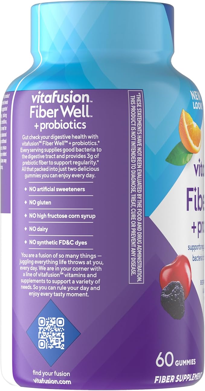 vitafusion Probiotic + Prebiotic Fiber Gummies for Adults, Probiotic Supplement with Prebiotic Fiber to Support Gut Health and Provide Good Bacteria (1), Cherry Berry Citrus Rush Flavor, 60 Count