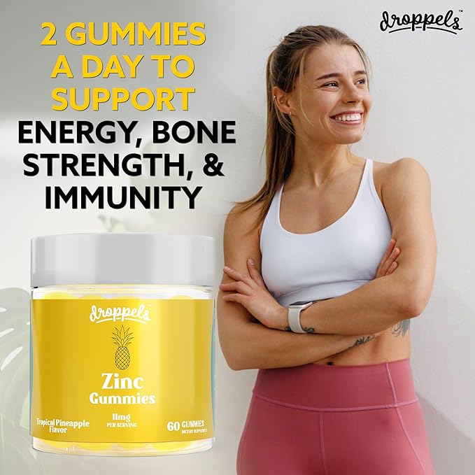 Droppels Zinc Citrate Gummies 11mg – Immune Support & Skin Health Supplement | Vegan, Plant-Based, Gluten Free, Gelatin Free, Non-GMO | Tropical Pineapple Chewable Zinc for Adults, 60 Count