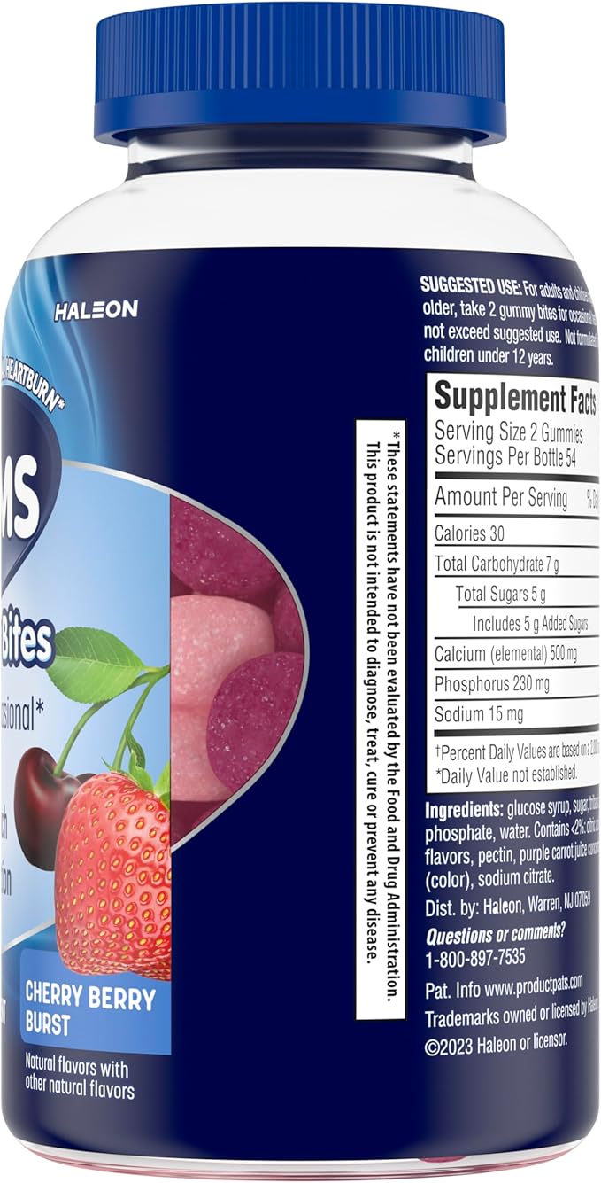 TUMS Gummy Bites Dietary Supplement for Occasional Heartburn Relief, Upset Stomach and Acid Indigestion, Great for a Summer BBQ - Cherry Berry Burst - 108 Count (Pack of 2)