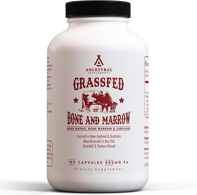 Ancestral Supplements Grass Fed Beef Bone and Marrow Supplement, 3000mg, Skin, Oral Health, and Joint Support Supplement, Promotes Whole-Body Wellness, Non GMO Whole Bone Extract, 180 Capsules