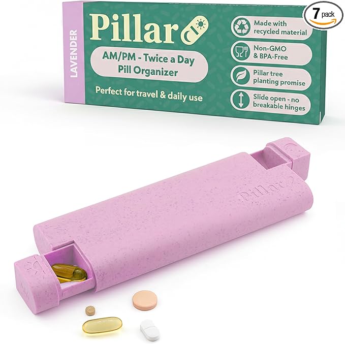 Pillar AM/PM Pill Box Organizer Two Times a Day | Aesthetic 7 Day Tablet Organizer 2 Times A Day | Beautiful Weekly Pill Box for Day and Night Medication (Lavender)