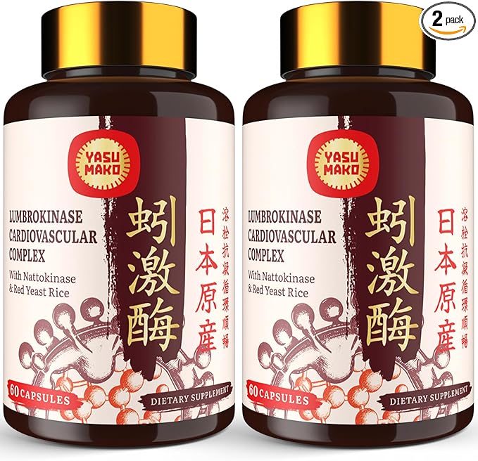 Lumbrokinase 100mg (Max Activity 1,000,000 LKU),Nattokinase 100mg-2,000 FU of Activity and Red Yeast Rice 300mg, Lumbrokinase Enzymes Supplement for Circulatory,Cognition,120 Capsules(Pack of 2)