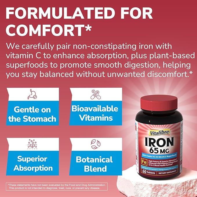 Iron Supplement for Women & Men, 65 mg, Ferrous Sulfate, Vitamin C, D3, B6, B12, Folate, Beet Root, Spinach, Pumpkin Seeds, Nettle, for Red Blood Cell & Energy Production, 60 Tablets
