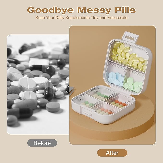 Small Travel Pill Box, Double Layer 7-Compartments Pill Organizer, 3.1" x 3.1" x 1.4" Portable Weekly Pill Case Container for Pocket, 7 Day Compact Medicine Holder for Vitamins, Fish Oils White