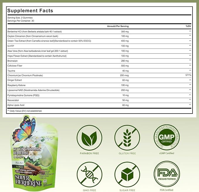 BUTTERFLY'S TEAR Berberine Supplement Gummies – Support Healthy Metabolism with Ceylon Cinnamon, Turmeric, Green Tea, Vegan, Non-GMO, Gluten-Free - Green Grape Flavor (1 Pack 60 Chew)