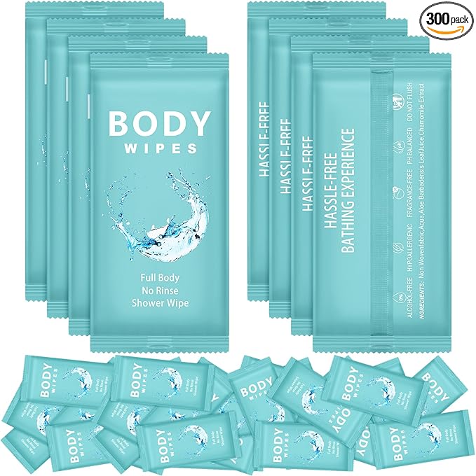 Treela 300 Pcs Large Body Wipes Bulk Deodorant Travel Size for Homeless Care Package Supplies Individually Wrapped Adults Bathing No Rinse Wet Wipes Men Women Hygiene Items(7.09" X 9.84",Blue)