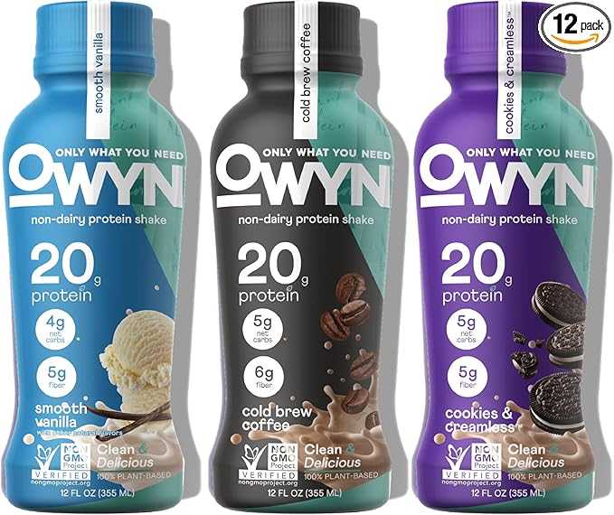 OWYN Only What You Need Protein Shake Variety Pack, Vanilla, Cold Brew Coffee, Cookies and Creamless Flavored Protein Shakes, 20g Protein, 4g Sugar, 3g Fiber, Dairy Free, Plant Based Protein, 12 CT