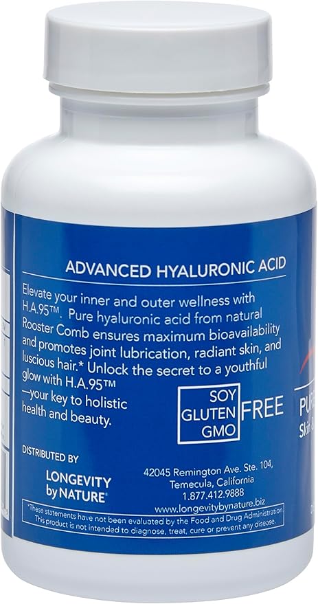 Longevity by Nature H.A.95 Hyaluronic Acid Supplements, Antioxidant, Skin Hydration, Eye, Joint, Natural Rooster Comb, 60 Capsules
