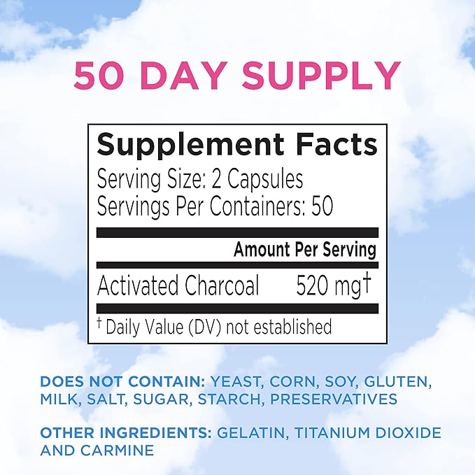 Charcocaps Fast Acting Gas Relief for Bloating & Flatulence, Drug Free Detoxifying Activated Charcoal Formula, 100 Capsules, 30 Day Supply, Pink