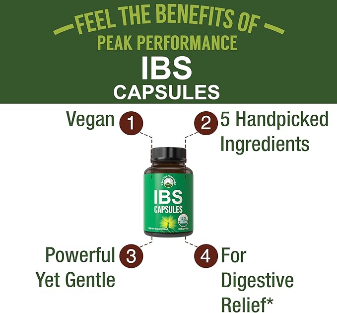 USDA Organic IBS Capsules for Relief, Ingestion, Bloating, Gas - Irritable Bowel Supplement with 5 Handpicked Organic Ingredients - Peppermint Oil, Sea Buckthorn, Fennel Seed, Rosemary Leaf, Basil