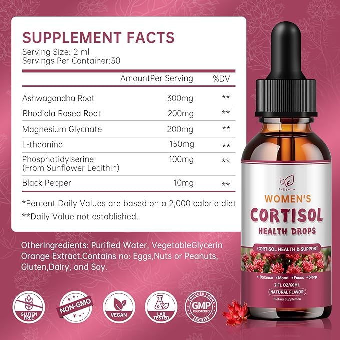 Cortisol Manager Liquid Drops, Cortisol Supplements for Women, with magnesium ashwagandha, rhodiola rosea,l-theanine,Phosphatidylserine-Promote Relaxation and Support Mood- 30 Day Vegan Supply