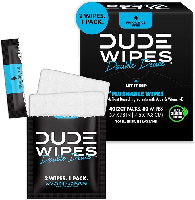 DUDE Wipes Double Deuce Unscented Travel Wipes - 2 Wipes per Pack (40 packs, 80 Count) - On-The-Go Adult Flushable Wipes for Sensitive Skin - Infused with Vitamin E and Aloe - Septic and Sewer Safe