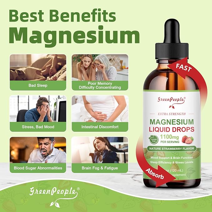 GREENPEOPLE Magnesium Glycinate Liquid Drop - 17-in-1 4Fl. Oz Triple Magnesium Complex Supplement with Glycinate 400mg & Citrate 500mg Taurate/L-Theanine for Calm Mood/Muscle/Sleep,Strawberry -2 Pack