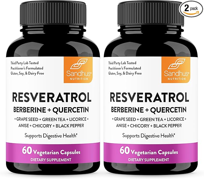 Resveratrol with Berberine Supplement For Gut Health Support | 120 Digestive Capsules For Women & Men | With Green Tea Extract, Star Anise, DGL, Grape Seed, Quercetin | Helps Ease Bloating & Digestion