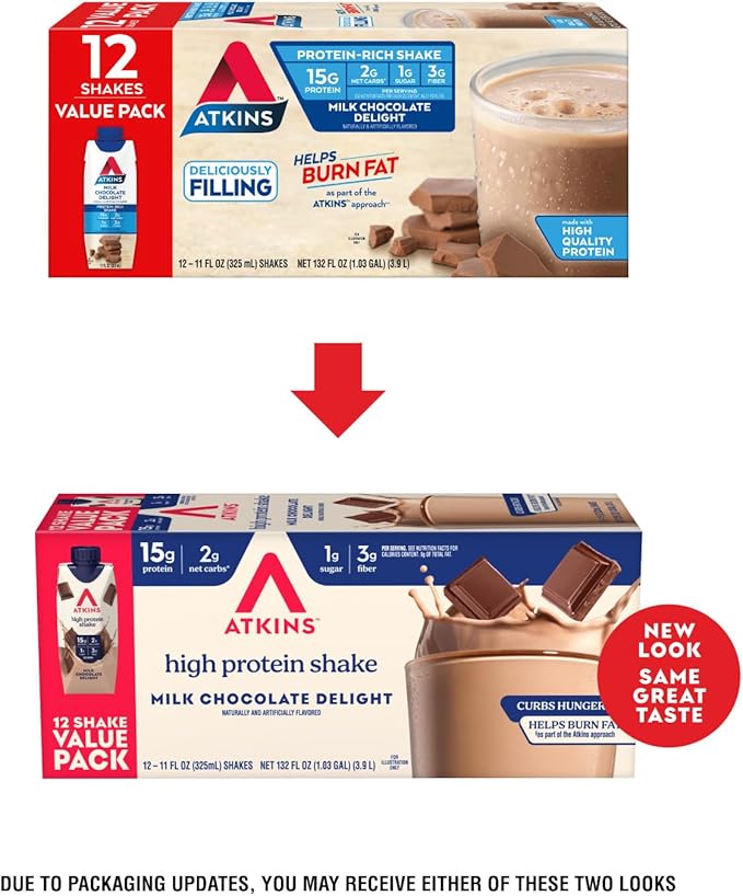 Atkins Milk Chocolate Delight High Protein Shake, 15g Protein, 2g Net Carb, 1g Sugar, Keto Friendly, Chocolate Flavored Protein Shakes, 12 Count
