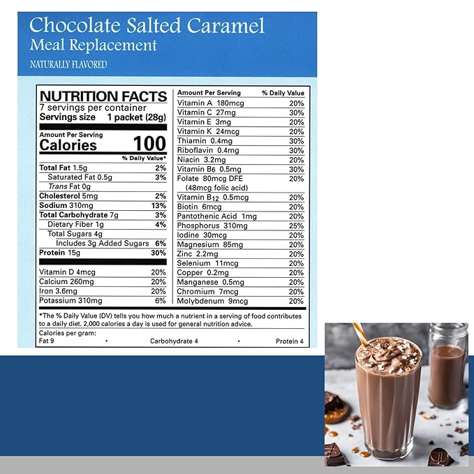 Chocolate Salted Caramel Pudding/Shake Mix - 7/Box | Gluten Free, KETO Friendly, Low Calorie, Low Carb, Vitamin Fortified, Meal Replacement