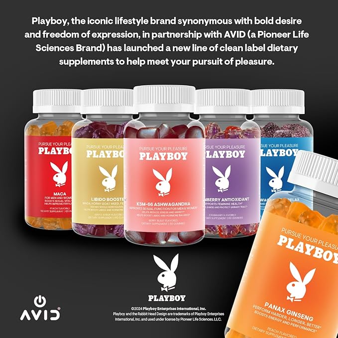 Playboy – Ginseng Gummies (60 Count - Peach Flavored) - Perform Harder, Longer, Better - Panax Ginseng Supplement Gummy for Men and Women - 100% Natural, Vegan Non GMO Ginseng Root 6:1 Extract
