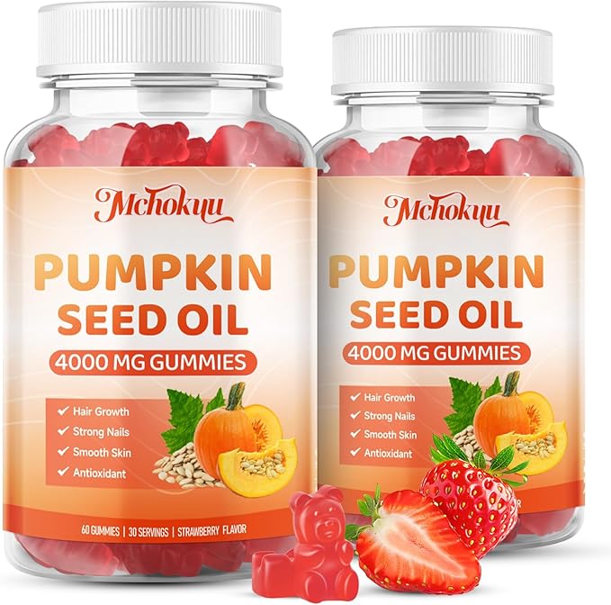 Pumpkin Seed Oil Supplement Gummies with Saw Palmetto for Hair Growth & Skin Health Support, High Pure Extract for Women & Men Extra Strength Pumpkin Seed, Strawberry Flavor, 60 Count