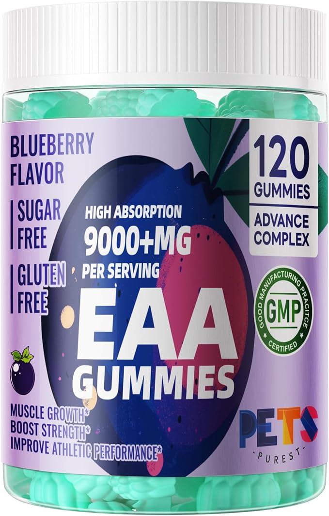Pets Purest EAA Gummies 120 Gummies (Blueberry),Essential Amino Acids - All 9 Essential Aminos (EAA) and All Branched-Chain Aminos (BCAAs), Non-GMO, Gluten Free, Vegetarian Friendly