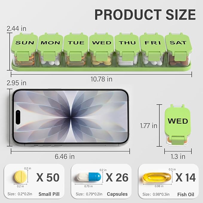 Extra Large Weekly Pill Organizer - Waterproof 7-Day Pill Box, Portable Vitamin & Supplement Case, Easy to Open Design, Ideal for Travel a nd Daily Medication Management (Green)
