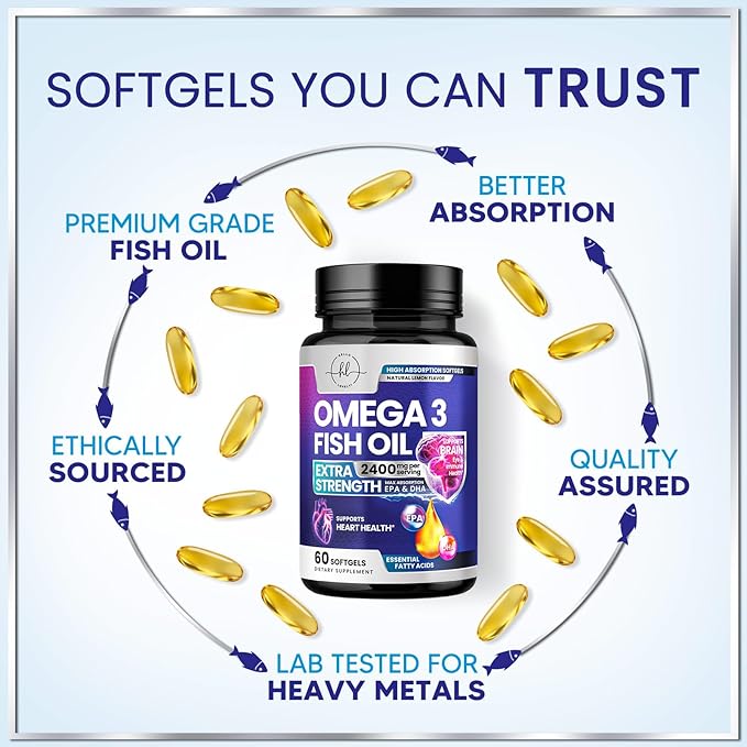Omega 3 Fish Oil Supplements - 2400mg Fish Oil Per Serving - Triple Strength Omega-3 with EPA & DHA Fatty Acids - Natural Heart, Brain & Immune Support - Wild Caught, Bottled in USA - 60 Softgels