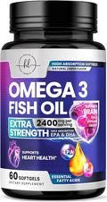 Omega 3 Fish Oil Supplements - 2400mg Fish Oil Per Serving - Triple Strength Omega-3 with EPA & DHA Fatty Acids - Natural Heart, Brain & Immune Support - Wild Caught, Bottled in USA - 60 Softgels