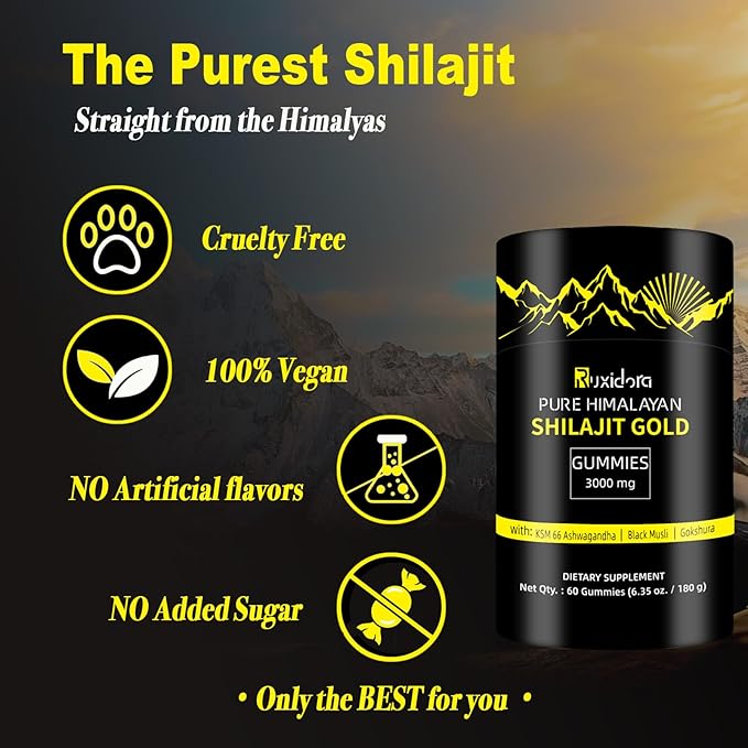 Shilajit Gummies,Pure Shilaljit Gummies,No Added Sugar,Non-GMO,Natural Organic,Ashwagandha, Gokshura | Fulvic Acid & 85+ Trace Minerals for Men- 60 Gummies(Individually Wrapped)