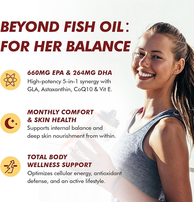 Omega-3 Fish Oil Supplement for Women, 984mg Omega-3 with Evening Primrose Oil (GLA), Astaxanthin & CoQ10, Supports Monthly Comfort, Skin Health & Total Body Wellness-60 Softgels