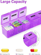 BUG HULL Weekly Pill Organizer Large 2 Packs, Extra Large Travel Pill Organizers, Pill Box 7 Day, Travel Pill Case, Medicine Pill Organizer for Vitamins, Supplements and Medication (White+Purple)
