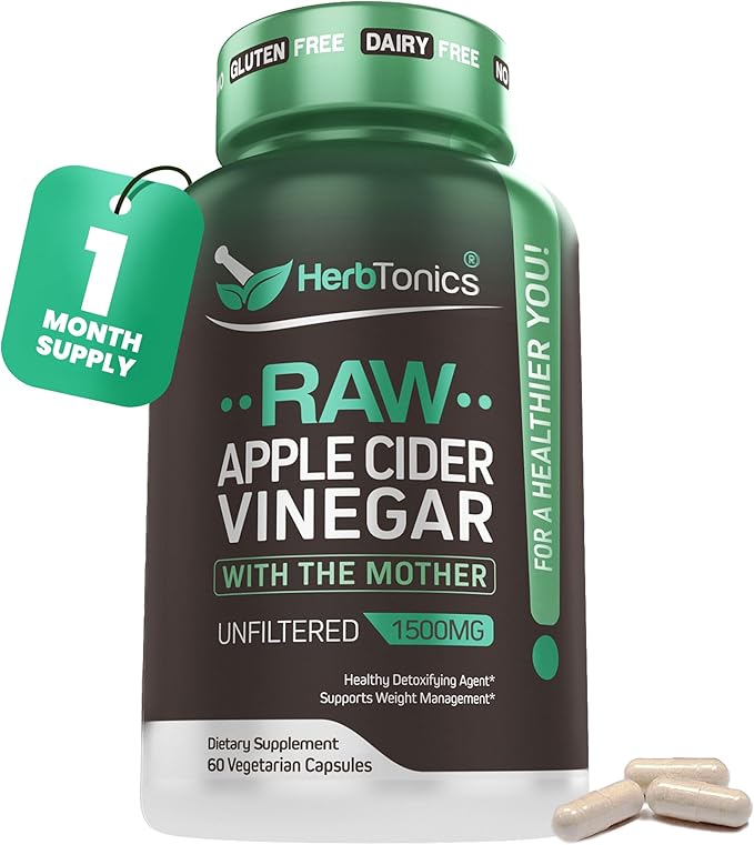 Herbtonics Raw Apple Cider Vinegar Capsules 1500mg with The Mother | Unfiltered ACV Pills for Bloating Relief, Digestion, Metabolism & Weight Support | 60 Vegan Capsules (1 Month Supply)