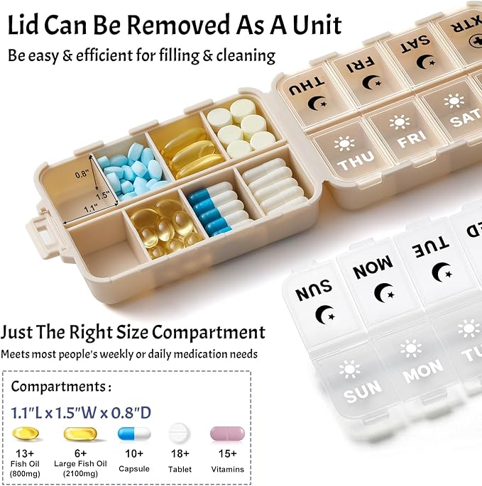 Foldable Weekly Pill Organizer 2 Times a Day with 2 Extra Compartments (Clear Printed Labels) - Portable 7 Day AM PM Medicine Box, Week Daily Travel Pill Case Holder for Vitamin, Supplement - Khaki