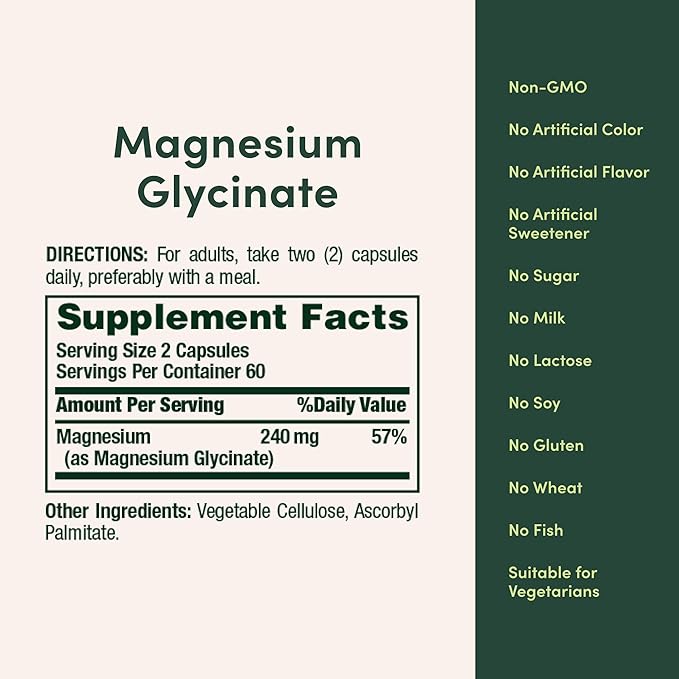 Nature’s Bounty High Absorption Magnesium Glycinate 240 mg for Supporting Muscle Relaxation and Bone, Heart & Nerve Health – Non-GMO, Gluten-Free, Vegetarian, 120 Count/60 Servings