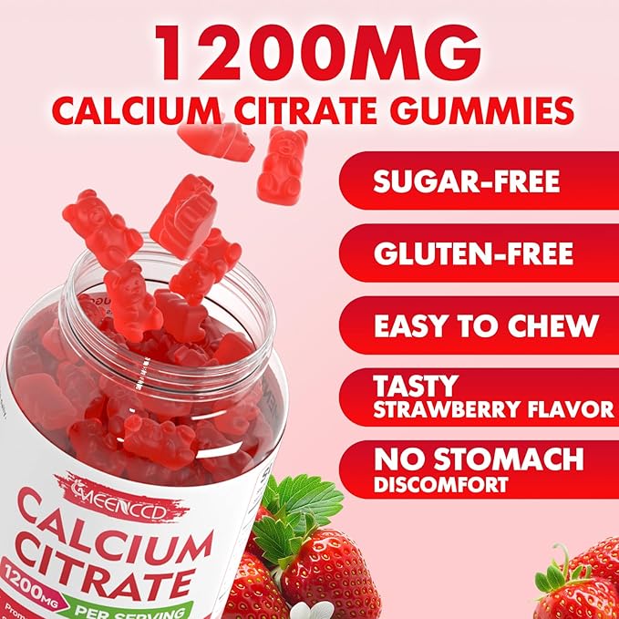 Calcium Citrate Gummies 1200mg - Chewable Calcium Supplement for Women & Men, Supports Bone & Muscle Health, Vegan, Strawberry Flavor, 60 Count