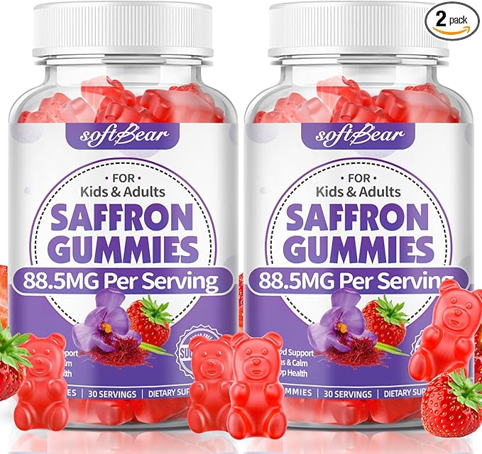 softbear Saffron Gummies for Kids & Adults, 10-in-1 Organic Saffron Supplements with 88.5mg Saffron Extract Support Calm Mind & Focus & Zzz, Sugar Free/Non-GMO, Strawberry Flavor 120 Count