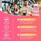 Vegan Iron Supplement Gummies for Women & Men, Anemia, Blood Builder & Energy Support for Iron Deficiency, with Vitamin C, A, B Complex, Folate, CoQ10, Sugar Free, Non-GMO, 60 Count
