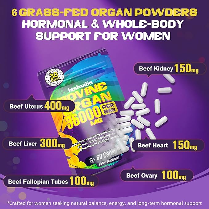 Beef Organ Supplement for Women - 100% Grass Fed Beef Organs with Bovine Liver, Ovary, Uterus, Kidney, Heart & Fallopian Tubes - PMS, Menopause & Energy, Immune & Mood Support, 60 Count